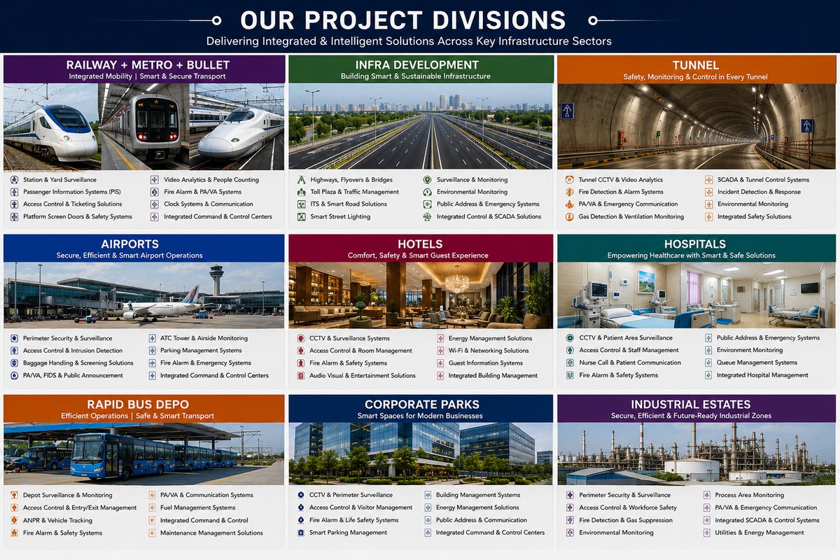 Elegant ELV project divisions - railway, metro, bullet, infra, tunnel, airports, hotels, hospitals, rapid bus depo, corporate parks and industrial estates with their ELV system lists